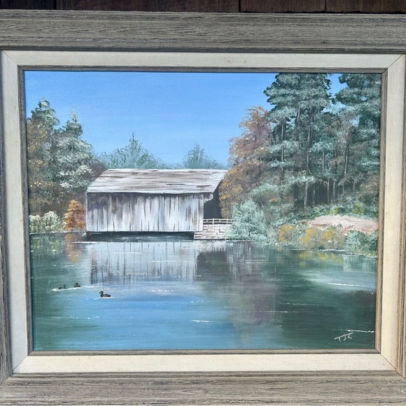 Rustic Framed Landscape Painting of a Covered Bridge by the Water. - Picture 2 of 10